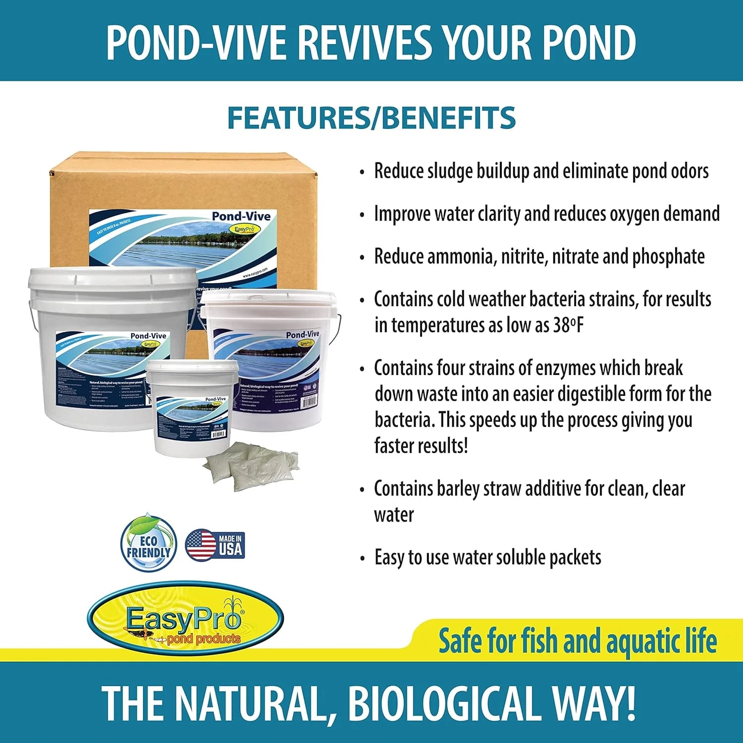 EasyPro Pond Vive Bacteria Water Soluble Packs 25 lbs pail
