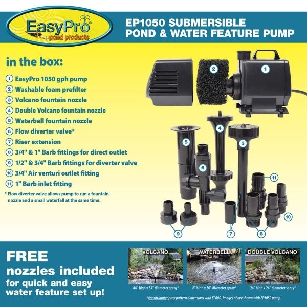 1050 GPH Submersible Mag Drive Pump with Volcano, Waterbell and Double Volcano Nozzles