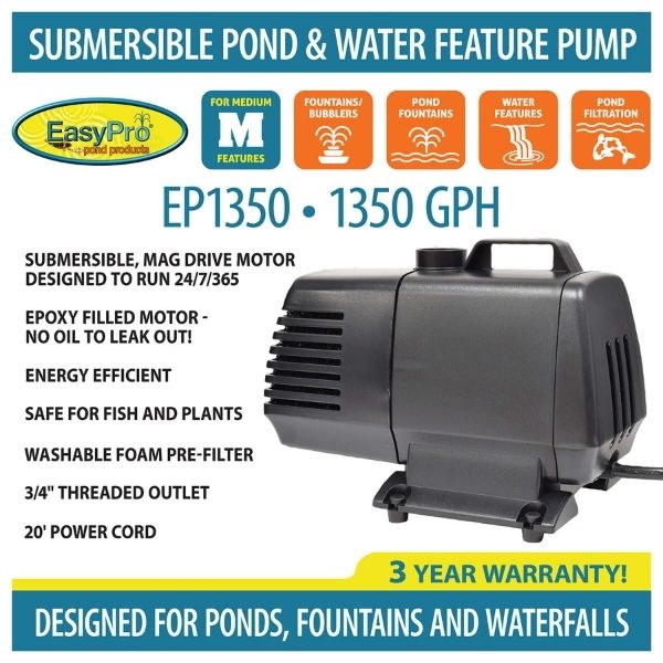 1350 GPH Submersible Mag Drive Pump with Volcano, Waterbell, Double Volcano and Foam Jet Fountain Nozzles