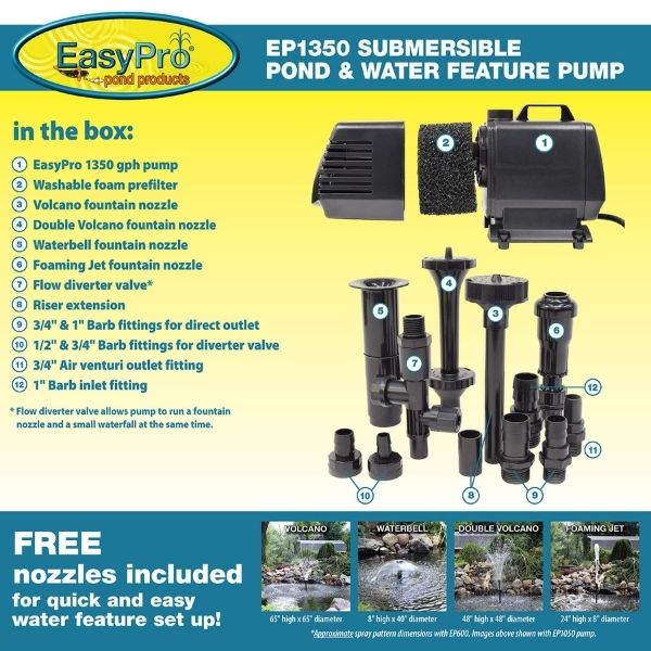 1350 GPH Submersible Mag Drive Pump with Volcano, Waterbell, Double Volcano and Foam Jet Fountain Nozzles