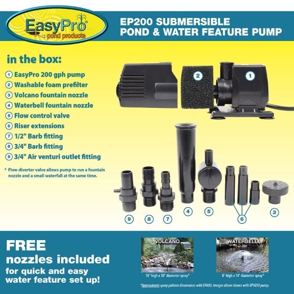 200 GPH Submersible Mag Drive Pump with Volcano and Waterbell Fountain Nozz