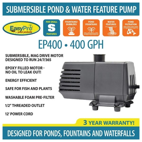 EasyPro 400 GPH Submersible Mag Drive Pump with Volcano and Waterbell Nozzles