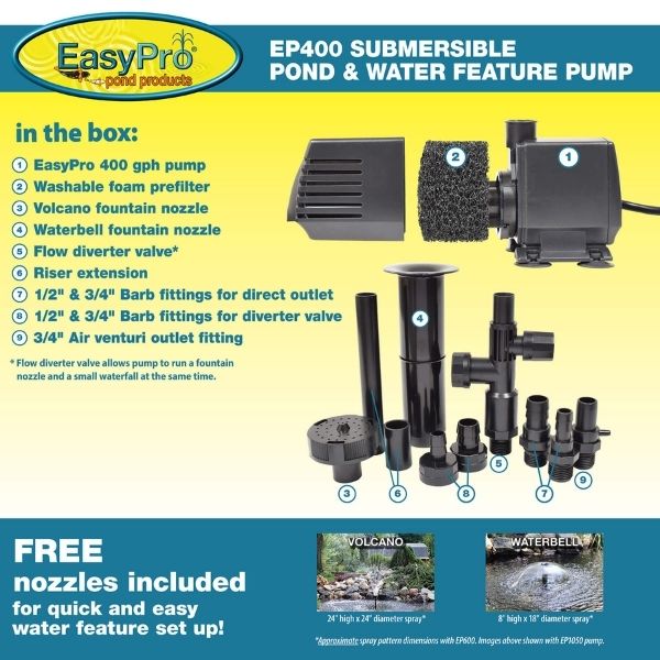 EasyPro 400 GPH Submersible Mag Drive Pump with Volcano and Waterbell Nozzles