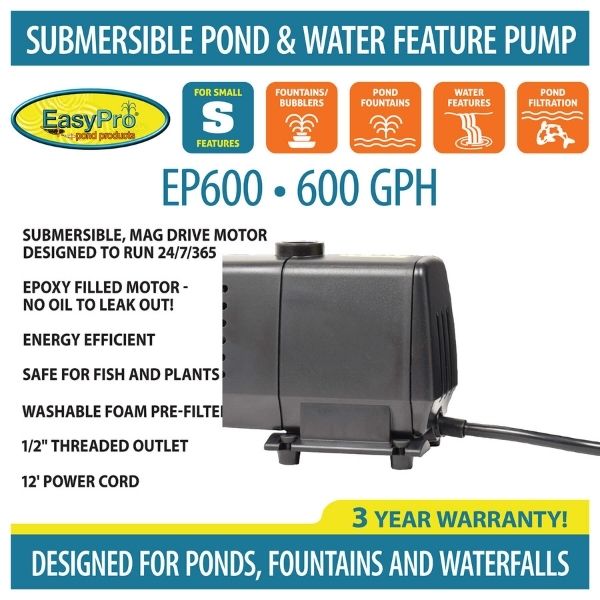 EasyPro 600 GPH Submersible Mag Drive Pump with Volcano, Water bell and Double Volcano Nozzles