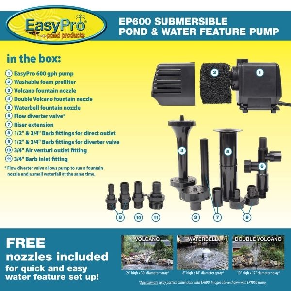 EasyPro 600 GPH Submersible Mag Drive Pump with Volcano, Water bell and Double Volcano Nozzles