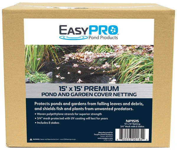 EasyPro 3/4" 15' X 15' Prepackaged Premium Pond Cover Netting, includes 8 stakes