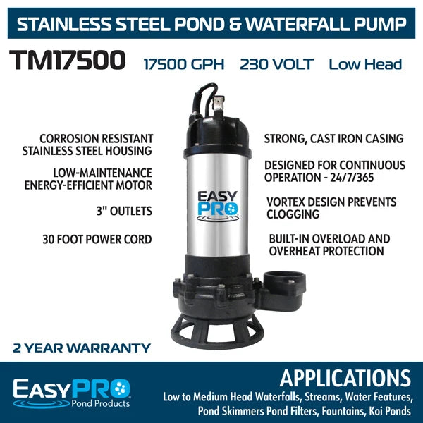 EasyPro 17500 GPH 230v Stainless Steel TM Series™ High Volume, Low Head Pump For Streams and Waterfalls