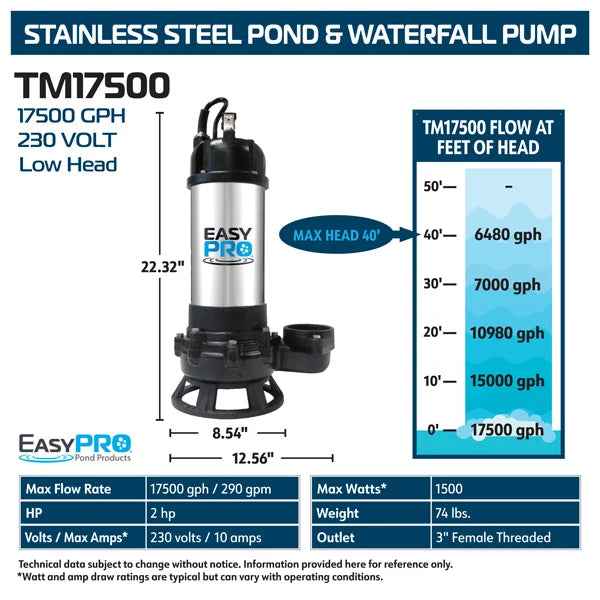 EasyPro 17500 GPH 230v Stainless Steel TM Series™ High Volume, Low Head Pump For Streams and Waterfalls